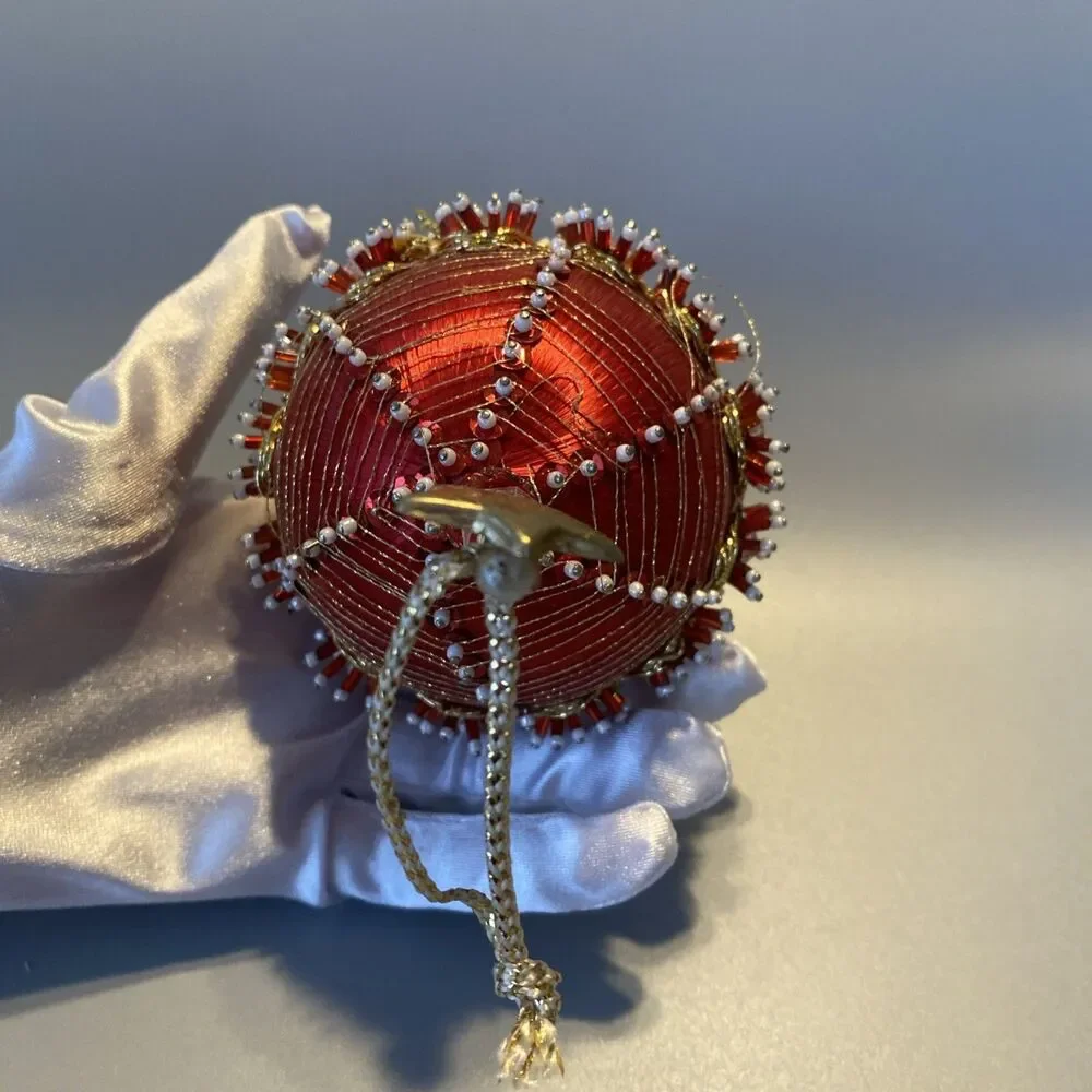 Vintage Christmas Red Gold Beaded Push Pin Ornate Ball Ornament Large Handmade